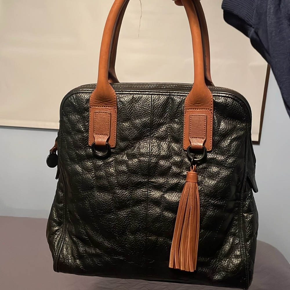 BCBG MaxAzria Leather Tassel Tote Bag - Black and Brown